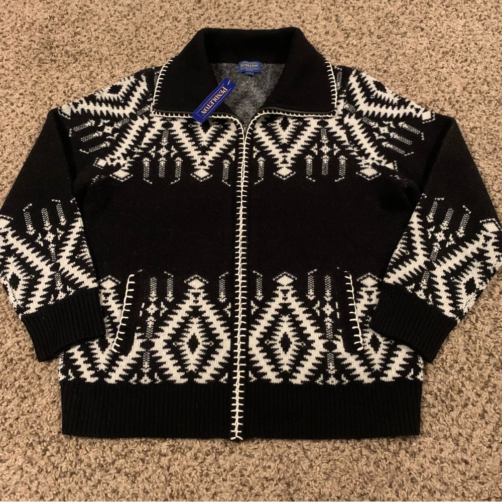 Pendleton Womens Zip Up Sweater Black White Size XL Southwest Aztec Lambs Wool